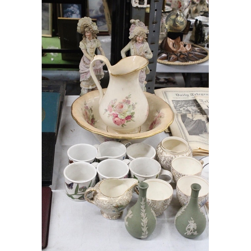 1141 - A LARGE VICTORIAN 'BLAKENEY', WASH BOWL AND JUG, PORTMEIRION BOTANIC GARDEN CUPS, A SUGAR BOWL AND C... 