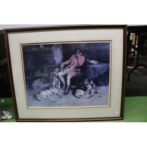 1168 - A LARGE FRAMED PRINT OF A PAINTING BY PHILIP E STRETTON, 1891, OF A HUNTSMAN WITH HIS HOUNDS, LIMITE... 