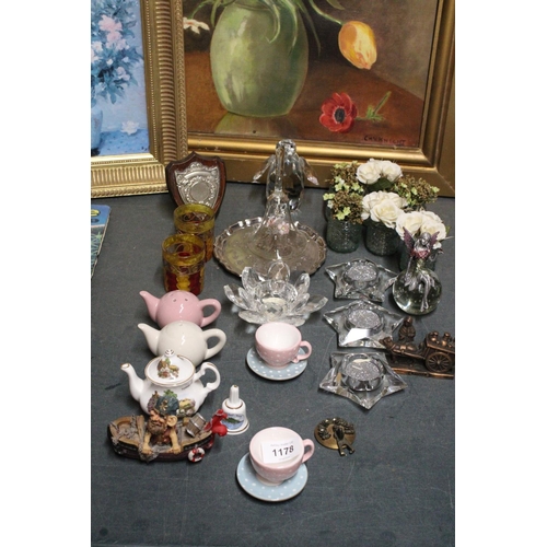 1178 - A MIXED LOT TO INCLUDE, A CRYSTAL PENGUIN, GLASS TEALIGHT HOLDERS, MINIATURE TEAPOTS, CUPS AND SAUCE... 