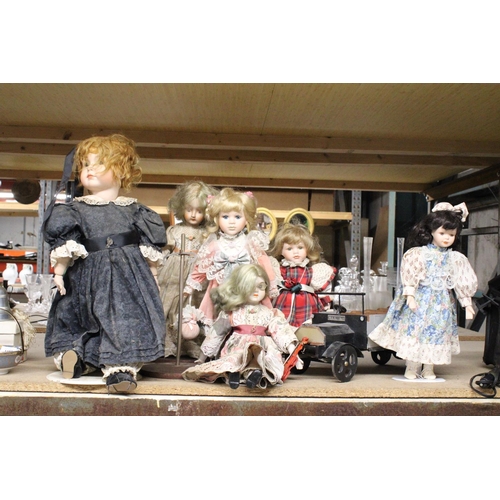 1182 - SIX VINTAGE DOLLS WITH STANDS PLUS A WOODEN TRUCK