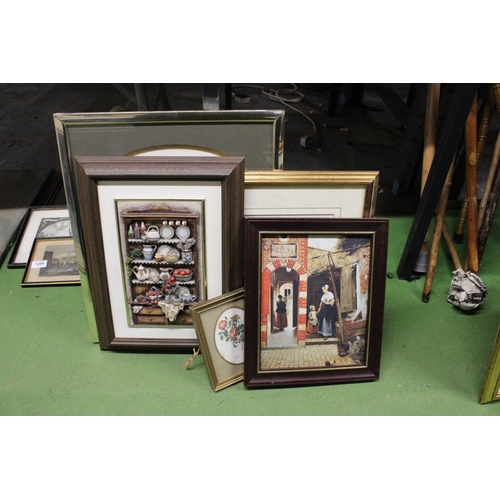 1207 - FOUR FRAMED PRINTS OF FLOWERS, ETC PLUS A FRAMED 3-D IMAGE OF A KITCHEN DRESSER