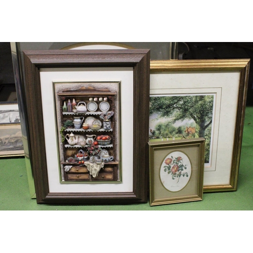 1207 - FOUR FRAMED PRINTS OF FLOWERS, ETC PLUS A FRAMED 3-D IMAGE OF A KITCHEN DRESSER