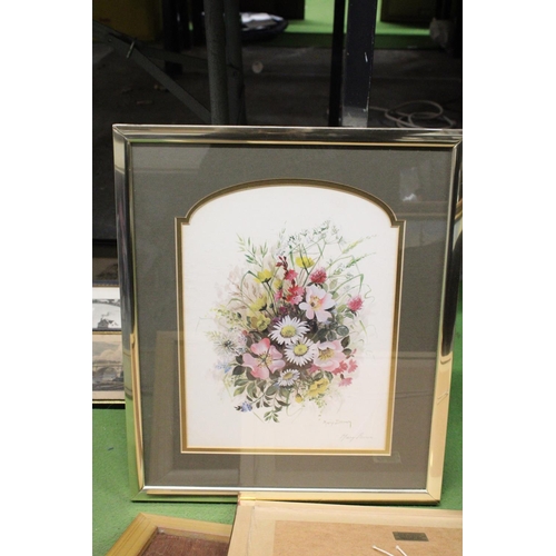 1207 - FOUR FRAMED PRINTS OF FLOWERS, ETC PLUS A FRAMED 3-D IMAGE OF A KITCHEN DRESSER