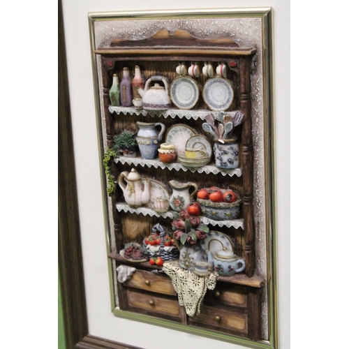 1207 - FOUR FRAMED PRINTS OF FLOWERS, ETC PLUS A FRAMED 3-D IMAGE OF A KITCHEN DRESSER