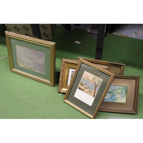 1247 - THREE FRAMED PRINTS PLUS ONE FRAMED SOLID WOOD WORK PICTURE OF LAKE SCENE TOGETHER WITH A WATER COLO... 