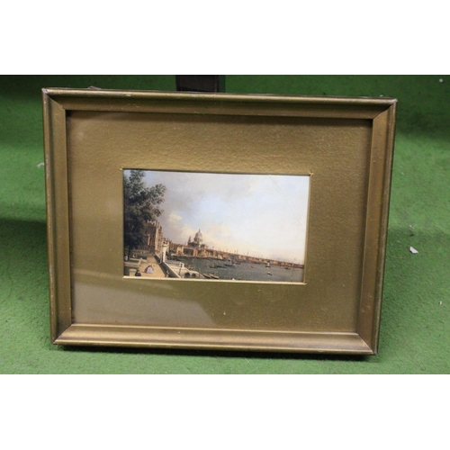 1247 - THREE FRAMED PRINTS PLUS ONE FRAMED SOLID WOOD WORK PICTURE OF LAKE SCENE TOGETHER WITH A WATER COLO... 