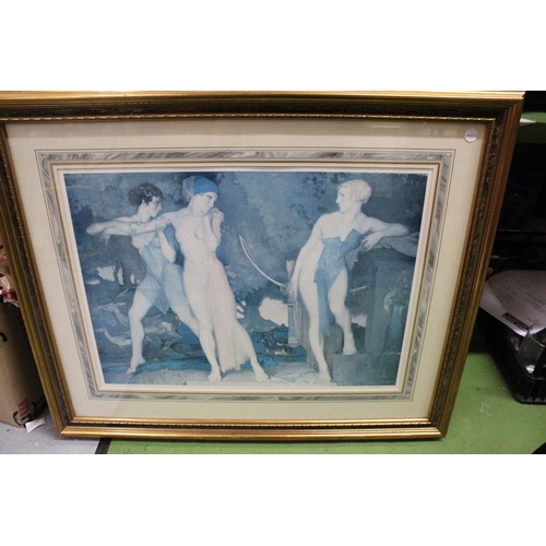 1249 - LARGE FRAMED GREEK STYLE PRINT AND AN OIL ON CANVAS OF A MOTHER, DAUGHTER AND SON