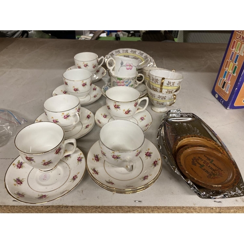 1269 - A MIXED LOT OF CUPS AND SAUCERS TO INCLUDE DIAMOND CHINA, HEATHEOTE CHINA TOGETHER WITH TWO BRANDMAL... 