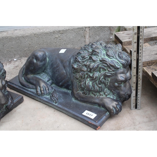 1517 - A PAIR OF TERRACOTTA BRONZE EFFECT LIONS