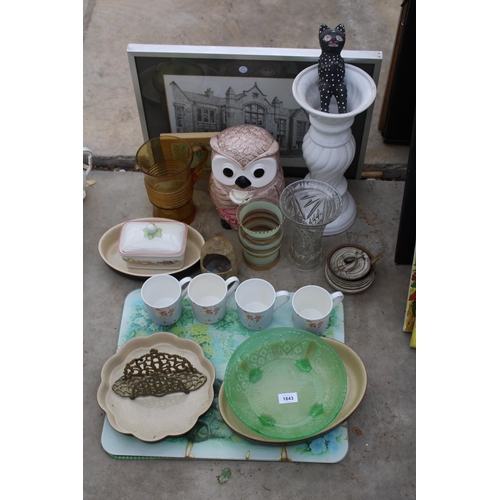 1843 - AN ASSORTMENT OF ITEMS TO INCLUDE A BRASS LETTER RACK, CERAMICS AND A PRINT ETC