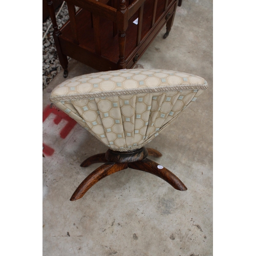 2514 - A VICTORIAN STYLE UPHOLSTERED V. SHAPED STOOL ON BEECH LEGS