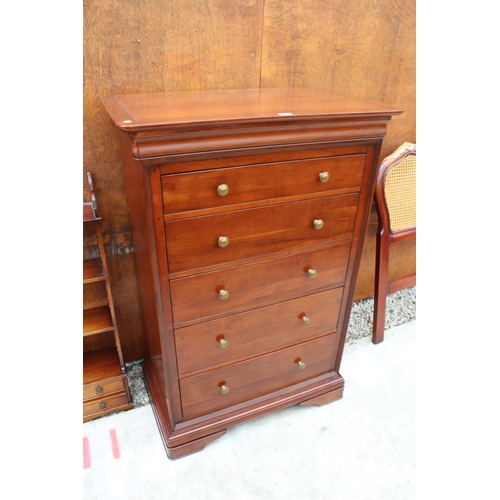 2517 - A CHERRY WOOD CHEST OF FIVE DRAWERS WITH SECRET FRIEZE DRAWER, 35.5