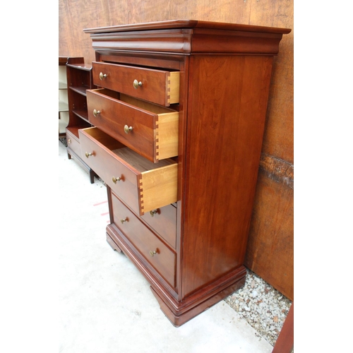 2517 - A CHERRY WOOD CHEST OF FIVE DRAWERS WITH SECRET FRIEZE DRAWER, 35.5