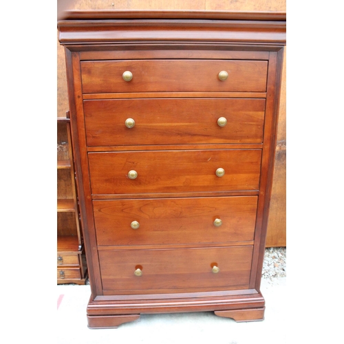 2517 - A CHERRY WOOD CHEST OF FIVE DRAWERS WITH SECRET FRIEZE DRAWER, 35.5