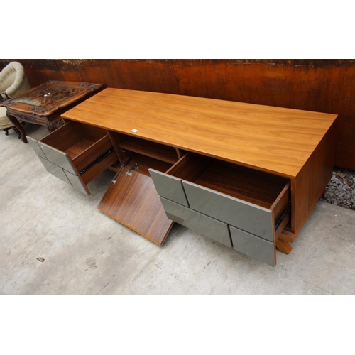 2521 - A RETRO WALNUT DWELL BRICK EFFECT ENTERTAINMENT UNIT WITH THREE DROP-DOWN CABINETS, 71