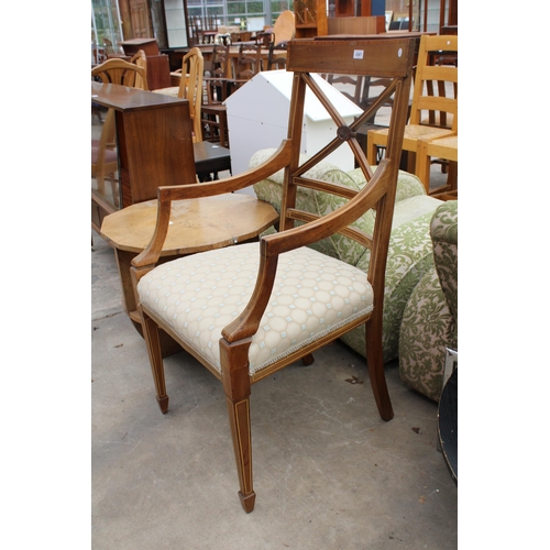 2567 - AN EDWARDIAN MAHOGANY AND INLAID ELBOW CHAIR WITH TAPERING FRONT LEGS WITH SPADE FEET