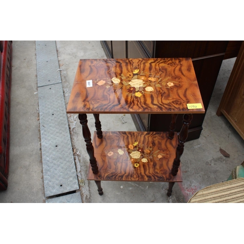 2607 - AN ITALIAN STYLE MARQUETRY TWO TIER TABLE ON TURNED LEGS