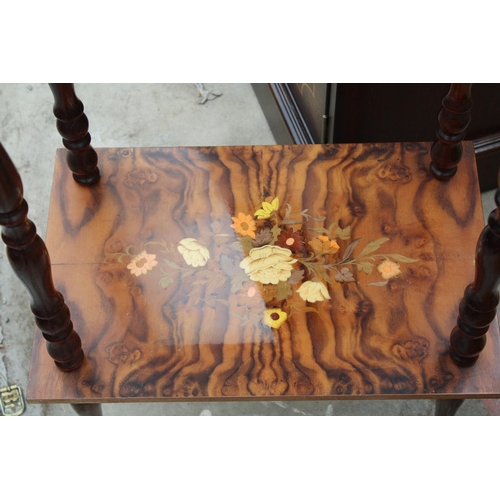 2607 - AN ITALIAN STYLE MARQUETRY TWO TIER TABLE ON TURNED LEGS