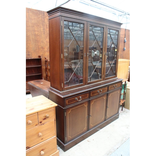 2608 - A MAHOGANY AND INLAID THREE DOOR ASTRAGAL GLAZED BOOKCASE ON BASE WITH THREE DRAWERS AND THREE CUPBO... 