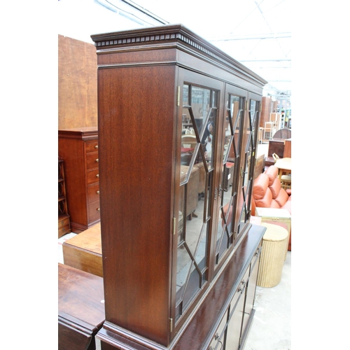 2608 - A MAHOGANY AND INLAID THREE DOOR ASTRAGAL GLAZED BOOKCASE ON BASE WITH THREE DRAWERS AND THREE CUPBO... 