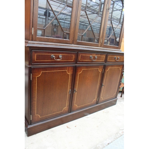 2608 - A MAHOGANY AND INLAID THREE DOOR ASTRAGAL GLAZED BOOKCASE ON BASE WITH THREE DRAWERS AND THREE CUPBO... 