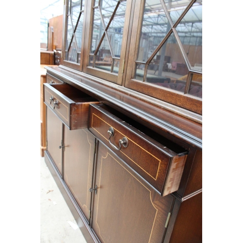 2608 - A MAHOGANY AND INLAID THREE DOOR ASTRAGAL GLAZED BOOKCASE ON BASE WITH THREE DRAWERS AND THREE CUPBO... 