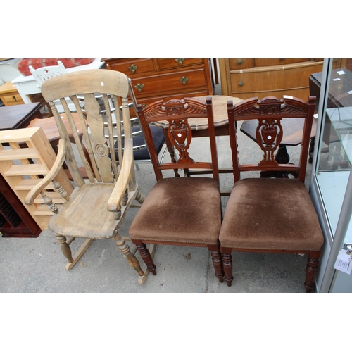 2661 - A PAIR OF EDWARDIAN PARLOUR CHAIRS AND A BEECH BULLSEYE BACK ROCKING CHAIR