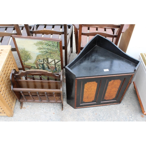 2665 - AN EBONISED VICTORIAN CORNER CUPBOARD, MAGAZINE RACK AND A WOOLWORK FIRE SCREEN