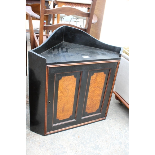 2665 - AN EBONISED VICTORIAN CORNER CUPBOARD, MAGAZINE RACK AND A WOOLWORK FIRE SCREEN