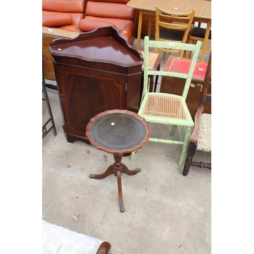 2687 - A PAINTED BEDROOM CHAIR, TRIPOD WINE TABLE AND A MAHOGANY AND INLAID CORNER CUPBOARD