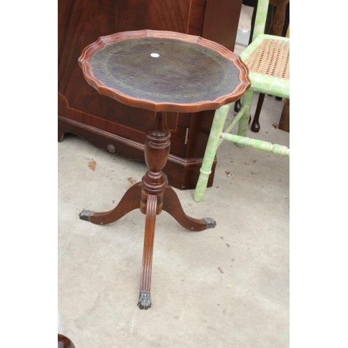 2687 - A PAINTED BEDROOM CHAIR, TRIPOD WINE TABLE AND A MAHOGANY AND INLAID CORNER CUPBOARD