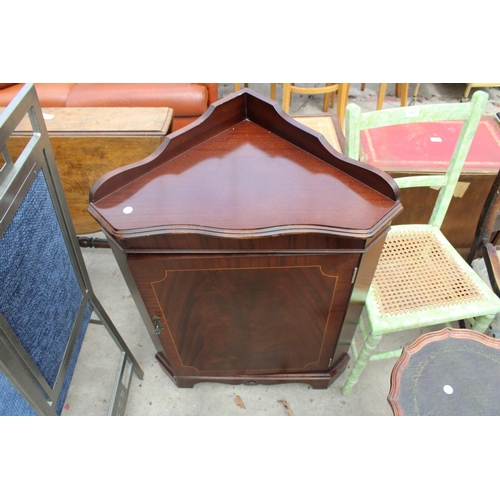 2687 - A PAINTED BEDROOM CHAIR, TRIPOD WINE TABLE AND A MAHOGANY AND INLAID CORNER CUPBOARD