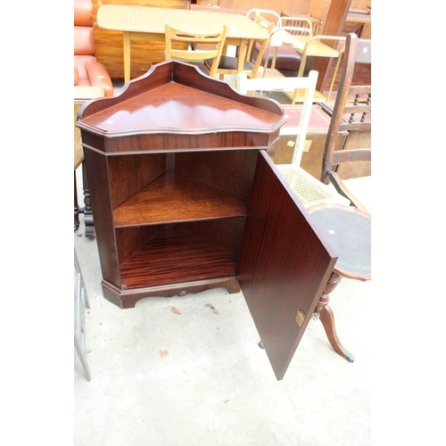 2687 - A PAINTED BEDROOM CHAIR, TRIPOD WINE TABLE AND A MAHOGANY AND INLAID CORNER CUPBOARD