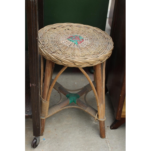 2692 - A WICKER STOOL, AN OAK BEDSIDE LOCKER AND A TWO TIER TABLE