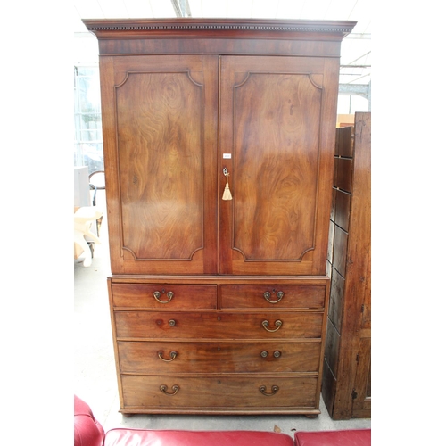 2737 - A 19TH CENTURY MAHOGANY PRESS CUPBOARD WITH TWO SHORT AND THREE LONG GRADUATED DRAWERS TO BASE AND D... 