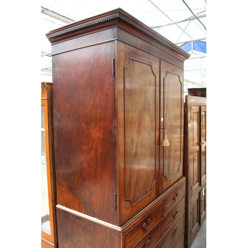 2737 - A 19TH CENTURY MAHOGANY PRESS CUPBOARD WITH TWO SHORT AND THREE LONG GRADUATED DRAWERS TO BASE AND D... 