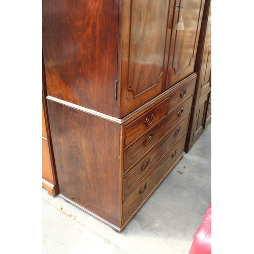 2737 - A 19TH CENTURY MAHOGANY PRESS CUPBOARD WITH TWO SHORT AND THREE LONG GRADUATED DRAWERS TO BASE AND D... 