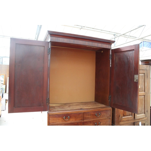 2737 - A 19TH CENTURY MAHOGANY PRESS CUPBOARD WITH TWO SHORT AND THREE LONG GRADUATED DRAWERS TO BASE AND D... 