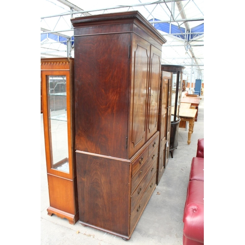 2737 - A 19TH CENTURY MAHOGANY PRESS CUPBOARD WITH TWO SHORT AND THREE LONG GRADUATED DRAWERS TO BASE AND D... 