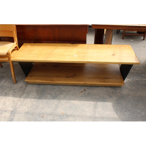 2742 - A MODERN TWO TIER OAK COFFEE TABLE WITH METAL ENDS, 70