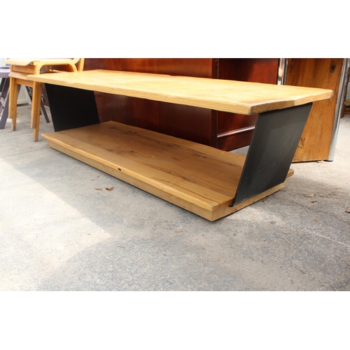 2742 - A MODERN TWO TIER OAK COFFEE TABLE WITH METAL ENDS, 70