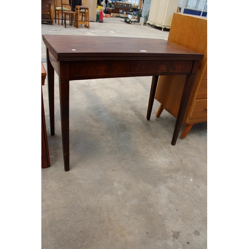 2771 - A 19TH CENTURY MAHOGANY AND INLAID FOLD-OVER TEA TABLE ON TAPERING LEGS, 37