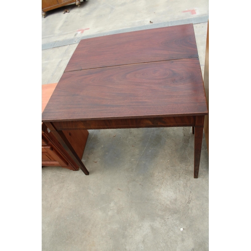 2771 - A 19TH CENTURY MAHOGANY AND INLAID FOLD-OVER TEA TABLE ON TAPERING LEGS, 37