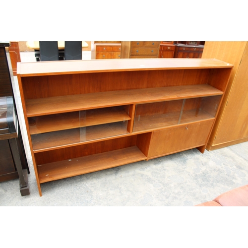 2803 - A RETRO TEAK BOOKCASE ENCLOSING TWO GLASS SLIDING DOORS, 77