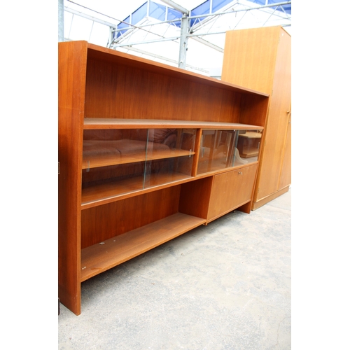 2803 - A RETRO TEAK BOOKCASE ENCLOSING TWO GLASS SLIDING DOORS, 77