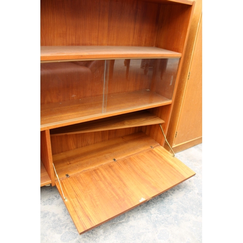 2803 - A RETRO TEAK BOOKCASE ENCLOSING TWO GLASS SLIDING DOORS, 77