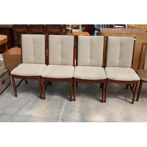 2829 - A SET OF FOUR RETRO TEAK WHITE AND NEWTON DANISH STYLE UPHOLSTERED AND LADDER-BACK DINING CHAIRS