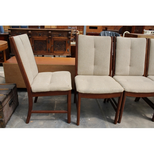 2829 - A SET OF FOUR RETRO TEAK WHITE AND NEWTON DANISH STYLE UPHOLSTERED AND LADDER-BACK DINING CHAIRS