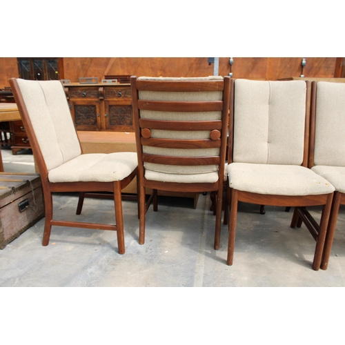 2829 - A SET OF FOUR RETRO TEAK WHITE AND NEWTON DANISH STYLE UPHOLSTERED AND LADDER-BACK DINING CHAIRS