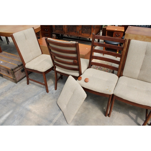 2829 - A SET OF FOUR RETRO TEAK WHITE AND NEWTON DANISH STYLE UPHOLSTERED AND LADDER-BACK DINING CHAIRS